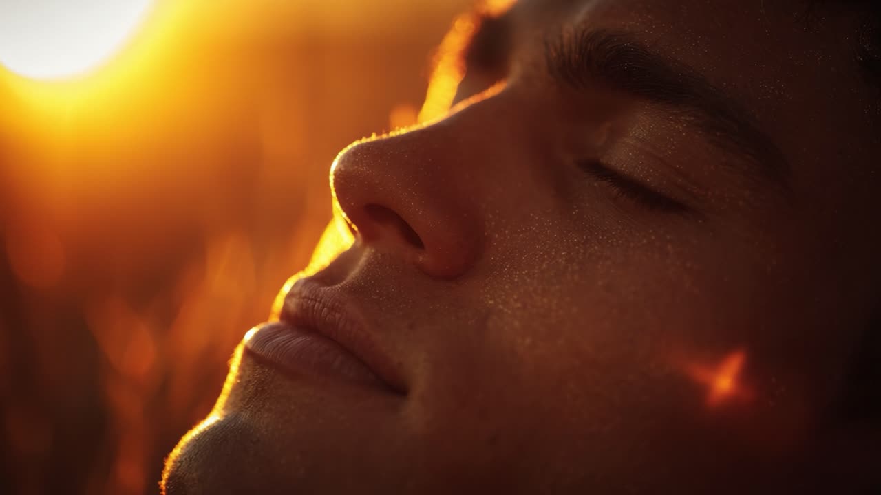 A Serene Moment: A Young Man Gazing Peacefully as the Golden Sun Sets, Capturing the Essence of Tranquility and Reflection in Nature's Warm Embrace