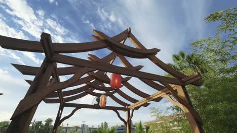 typical, traditional chinese decoration with paper lamps and wooden roof