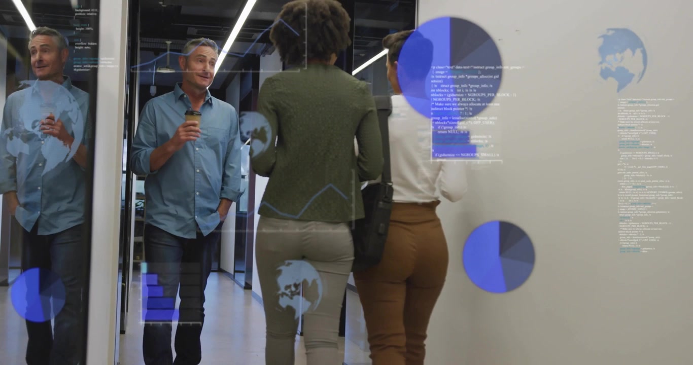 Colleagues walking down corridor toward mirror column starting tech data overlays greeting man