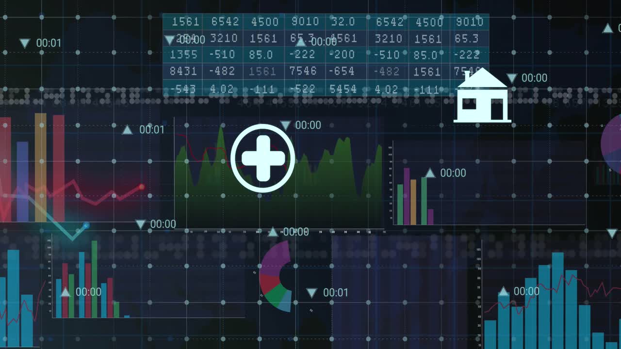 디지털 아이콘의 애니메이션과 검은색 바탕에 그리드 네트워크를 통해 통계 데이터 처리