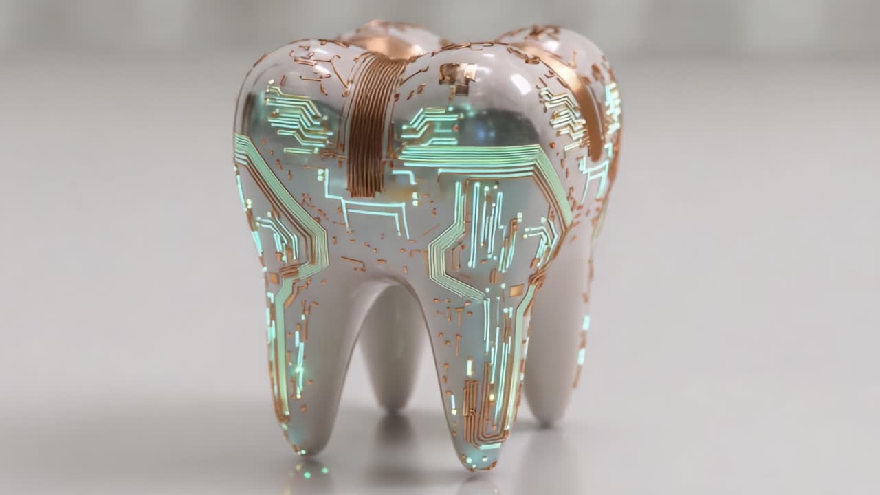 Innovative Dental Technology: A Glimpse into the Future with a High-Tech Tooth Model Showcasing Advanced Circuitry and Aesthetic Design