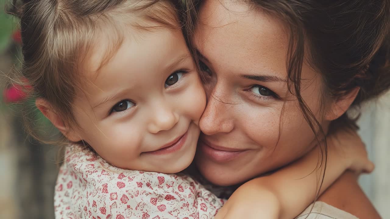Mother and daughter enjoying a warm embrace in a garden setting