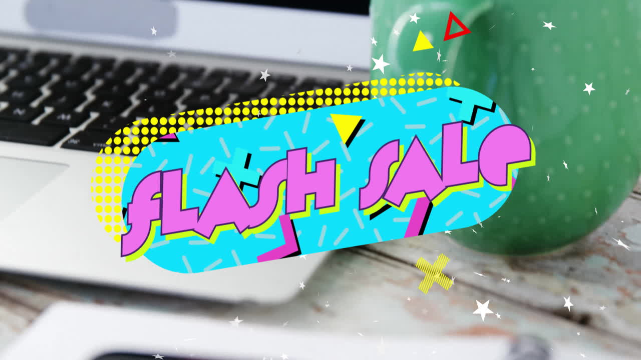 Pop-art sale graphic showing overlaying on desk workspace, featuring laptop mug notebook smartphone