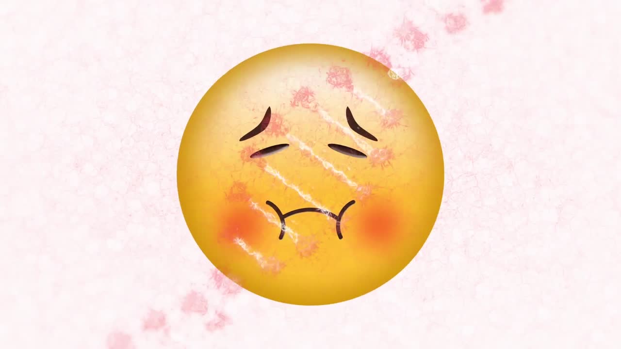 백색 배경에 있는 아픈 얼굴 이모티콘 위에 회전하는 dna 구조의 디지털 애니메이션