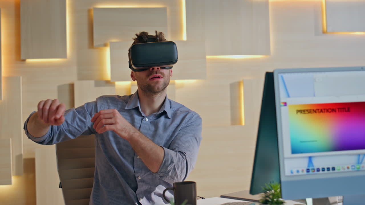 Developer testing virtual reality simulator wearing glasses at workplace closeup