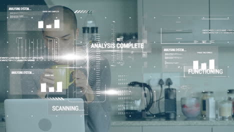 animation of statistics and data processing over man using laptop