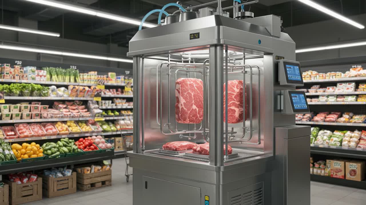 Advanced Meat Processing Machine Displaying Fresh Cuts in Modern Grocery Store, Highlighting Innovative Food Technology and Quality Meat Products for Consumers