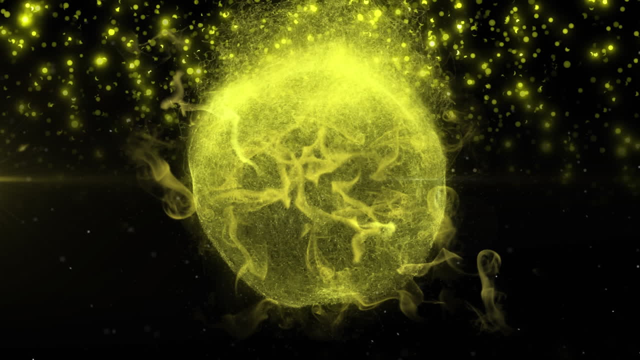 animación de un globo brillante y puntos de luz sobre un fondo negro.