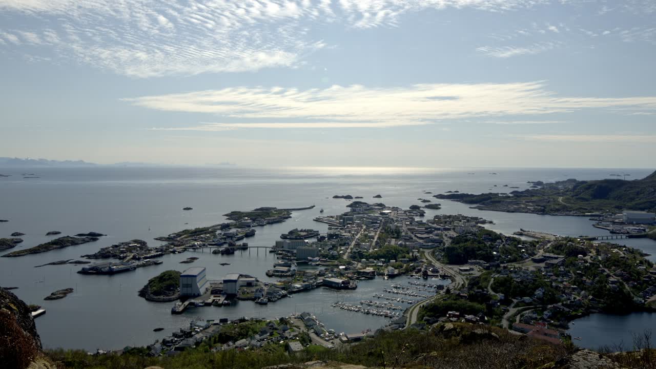 Panoramic timelapse of Svolvaer with full view of town, harbor, and Vestfjord in northern Norway