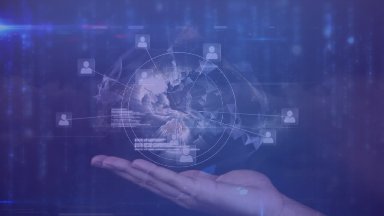 animación de la red de conexiones y procesamiento de datos sobre el globo y la mano