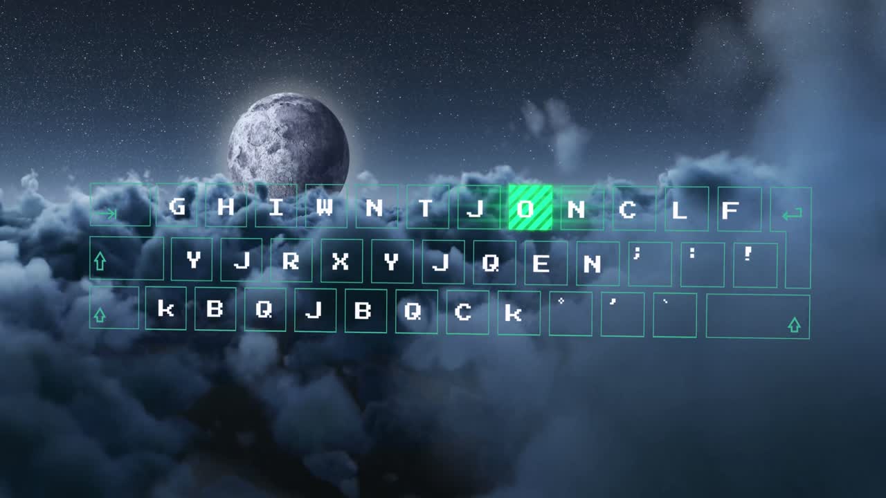 Animation of data processing on computer keyboard over clouds