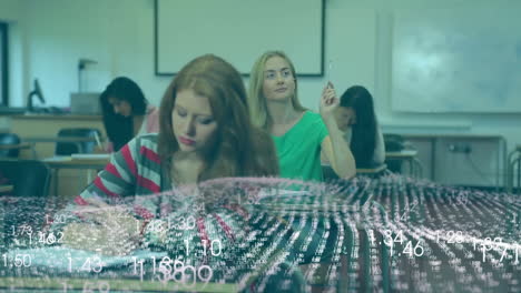 Students in classroom studying with digital data and numbers overlay animation