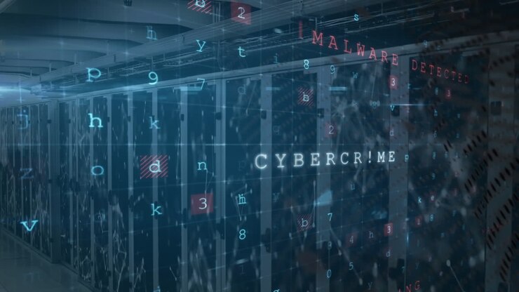 Animation of data processing and hacking texts over server room