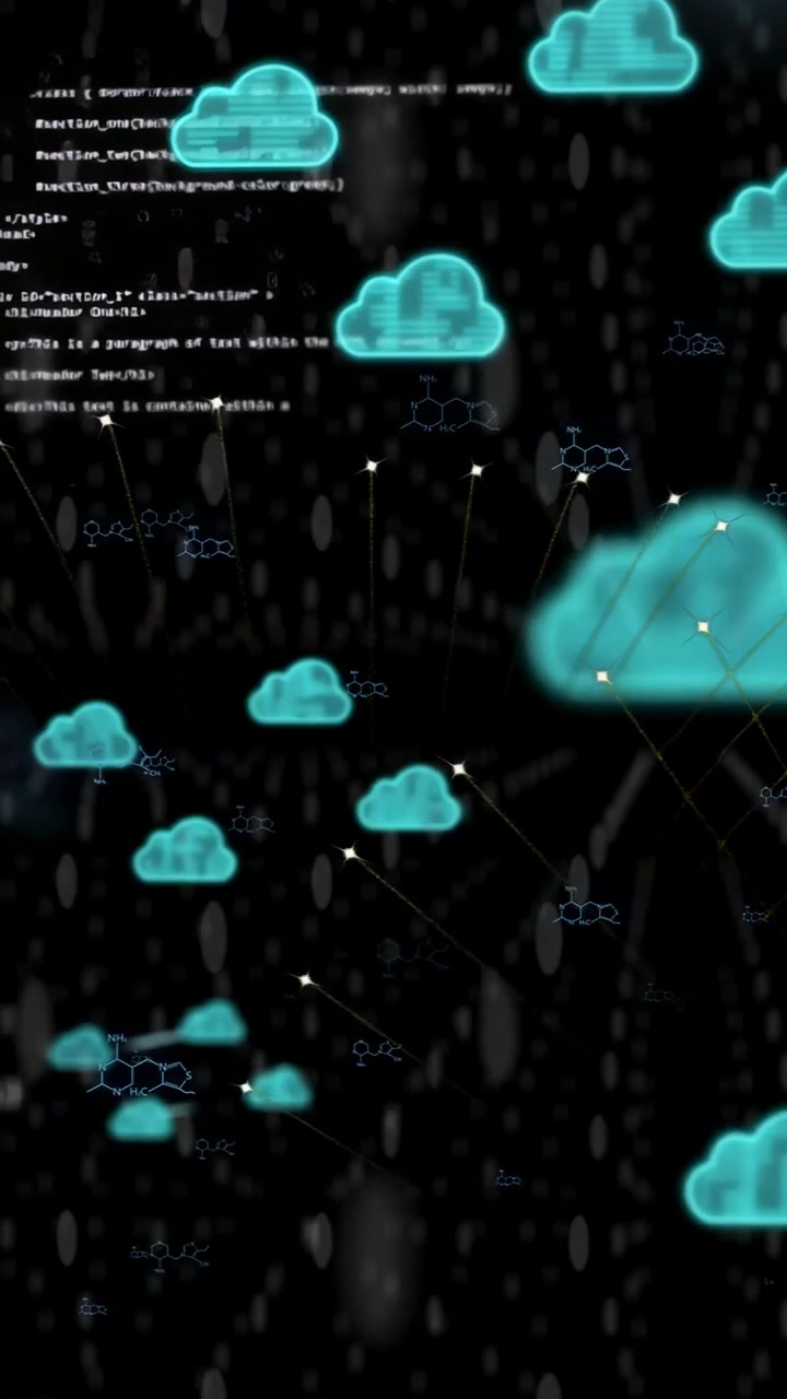 Vertical video: Star nodes sparking trails, cyan cloud icons growing, linking and showing data flow