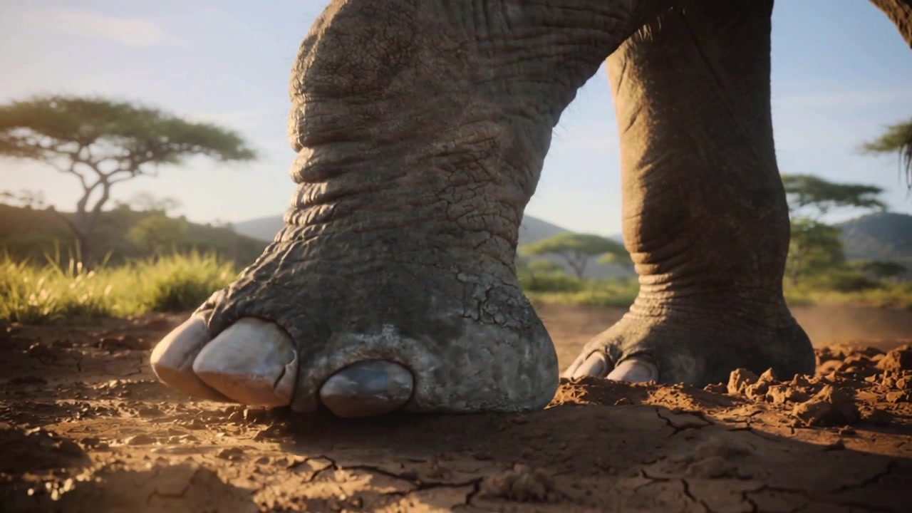 Shifting weight, elephant front foot rolling forward across cracked soil on savanna, raising dust