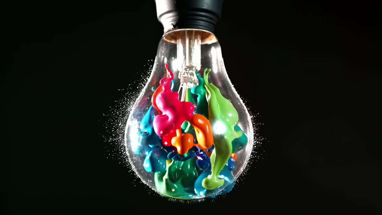 Close-up video of a light bulb filled with vibrant paint splashes, captured from a side angle