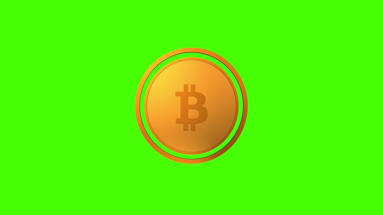 Cryptocurrency gold coin with bitcoin symbol on the obverse, isolated on green background. Rotating golden metal coin seamless looping 3d animation. Blockchain technology. 4k video graphic animation
