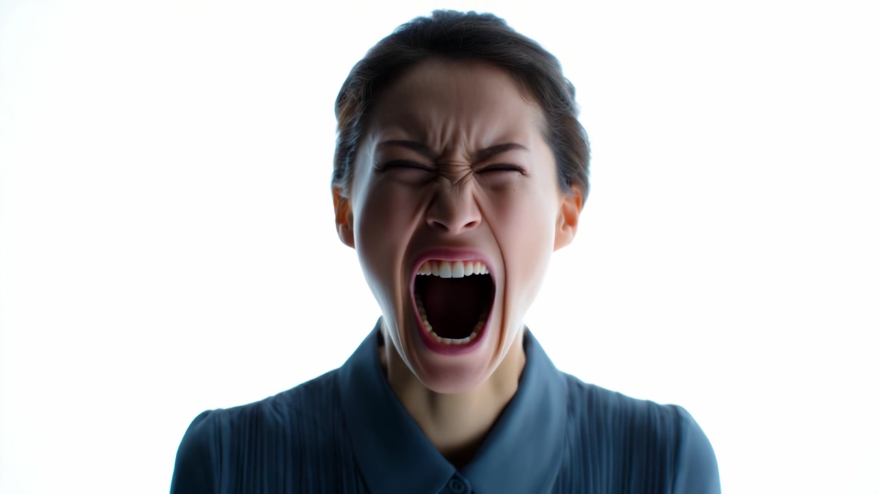 鮮やかな白い背景をバックに、口を開けて叫ぶような表情で、苛立ち、怒り、絶望といった強い感情を露わにする女性。