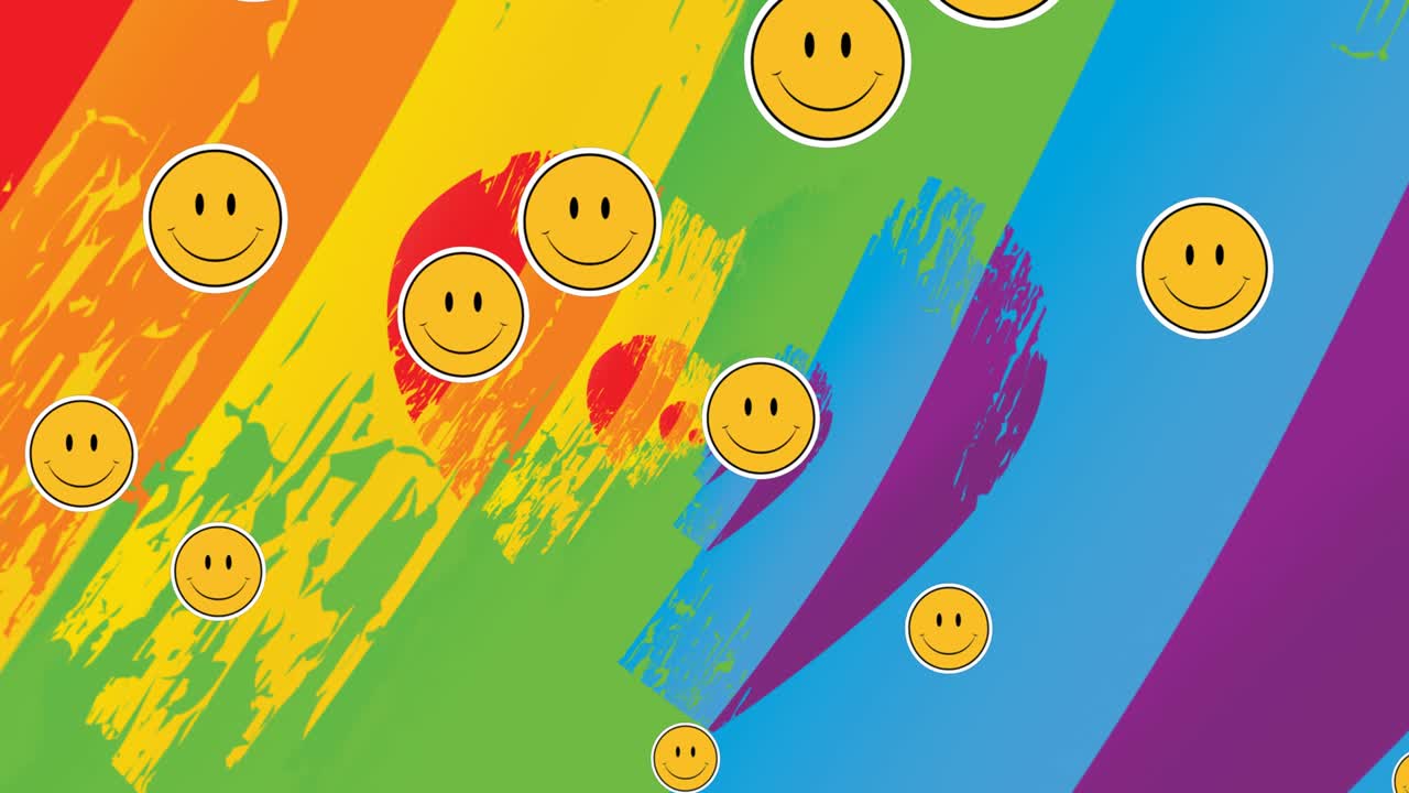 무지개 배경에 있는 이모지 아이콘의 애니메이션