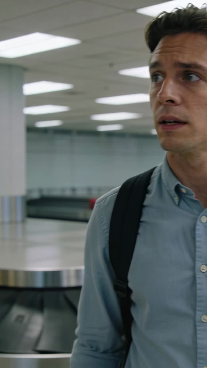 Video verticale: Uomo controlla il telefono, poi scruta il nastro trasportatore dell'aeroporto mentre una borsa rossa arriva per il ritiro.