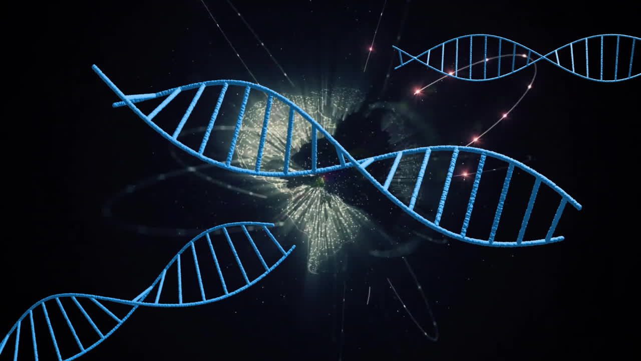 Glowing particles forming complex animation with DNA strands in scientific setting