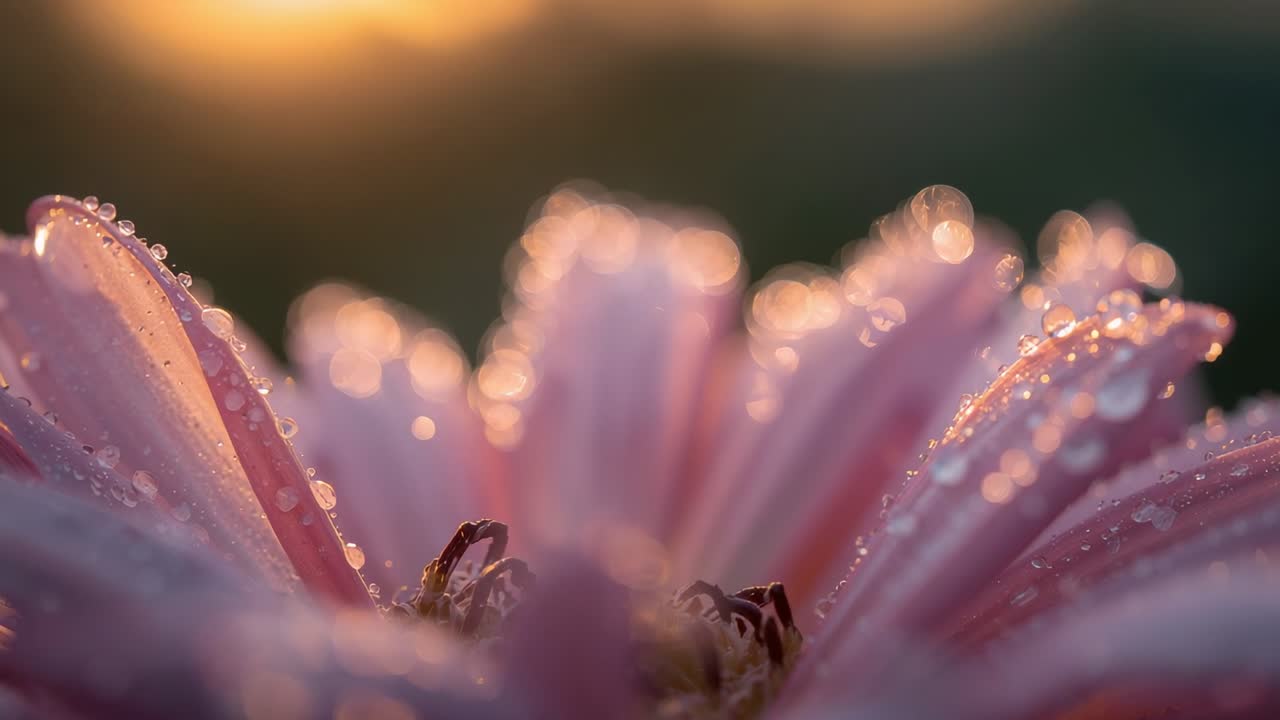 La luce dell'alba fa sì che la camera metta a fuoco un fiore di margherita rosa in giardino, con gocce di rugiada scintillanti