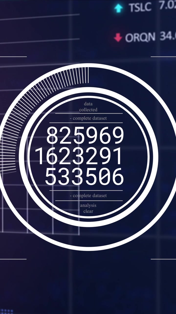 Animation of round scanner over stock market and statistical data processing against blue background