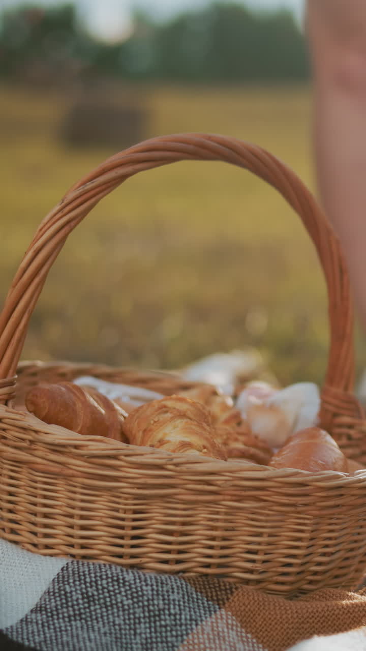 Checkered picnic blanket spread on grassy ground with woman in white sandals lowering woven basket filled with snacks, sunlight casts warm glow