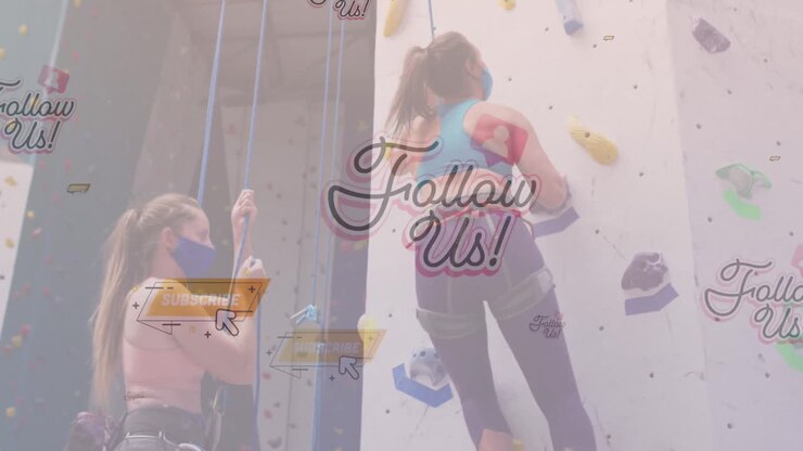 Social media concept icons floating against two caucasian fit women wall climbing at the gym