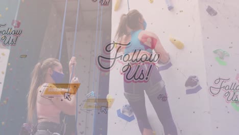 Social-media-concept-icons-floating-against-two-caucasian-fit-women-wall-climbing-at-the-gym