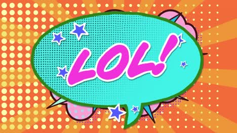 오렌지색 배경의 점 줄 패턴에 대한 레트로 음성 거품 위의 lol 텍스트의 애니메이션
