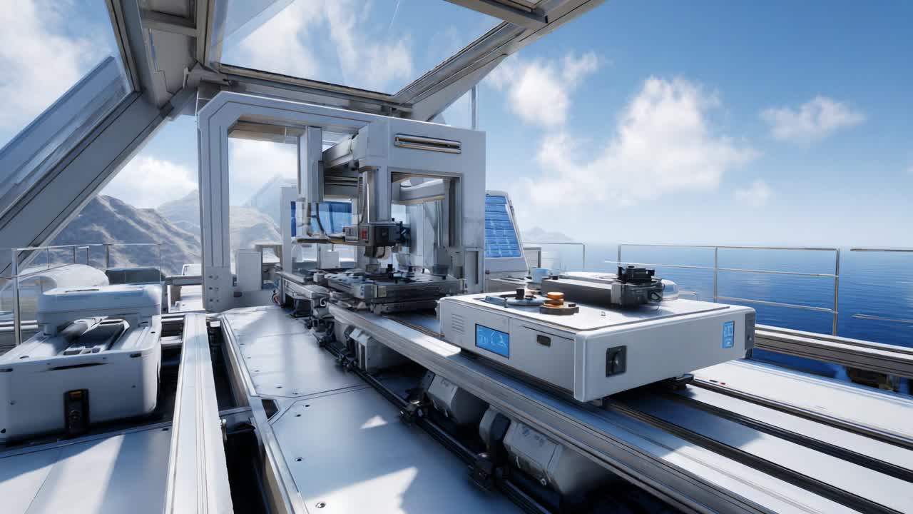 High-tech machinery set against a stunning coastal backdrop provides a glimpse into advanced engineering and automation with a focus on precision manufacturing in a futuristic environment