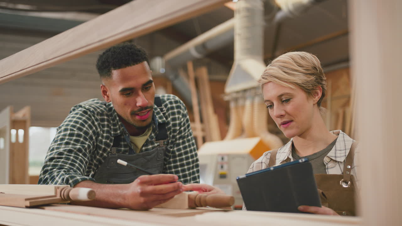 Male And Female Apprentices With Digital Tablet Working As Carpenters In Furniture Workshop