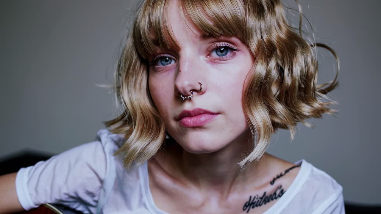 Close-up video still of a young woman with wavy hair and piercings, shot from a slightly low angle