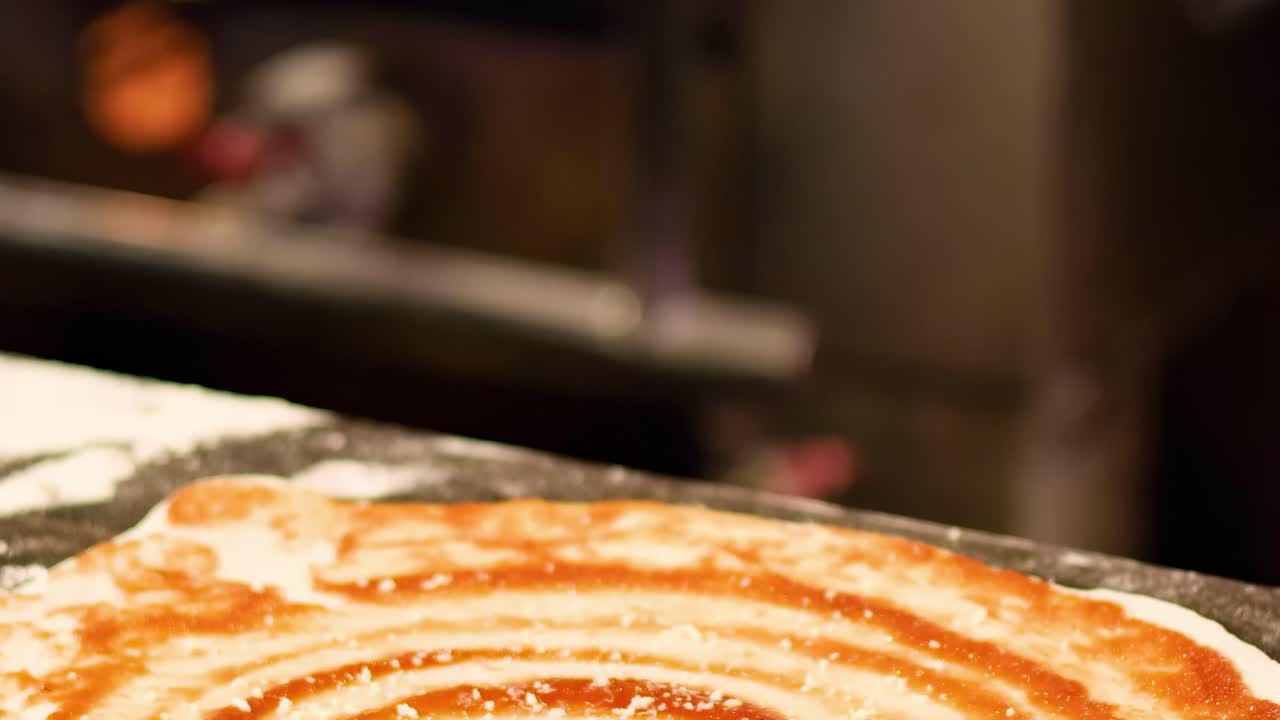 Close-up of hands grating cheese onto a pizza with tomato sauce spirals.
