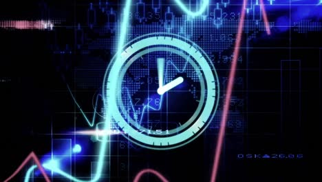 Animation-of-neon-ticking-clock-and-statistical-data-processing-over-world-map-on-black-background