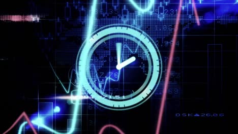 animation of neon ticking clock and statistical data processing over world map on black background