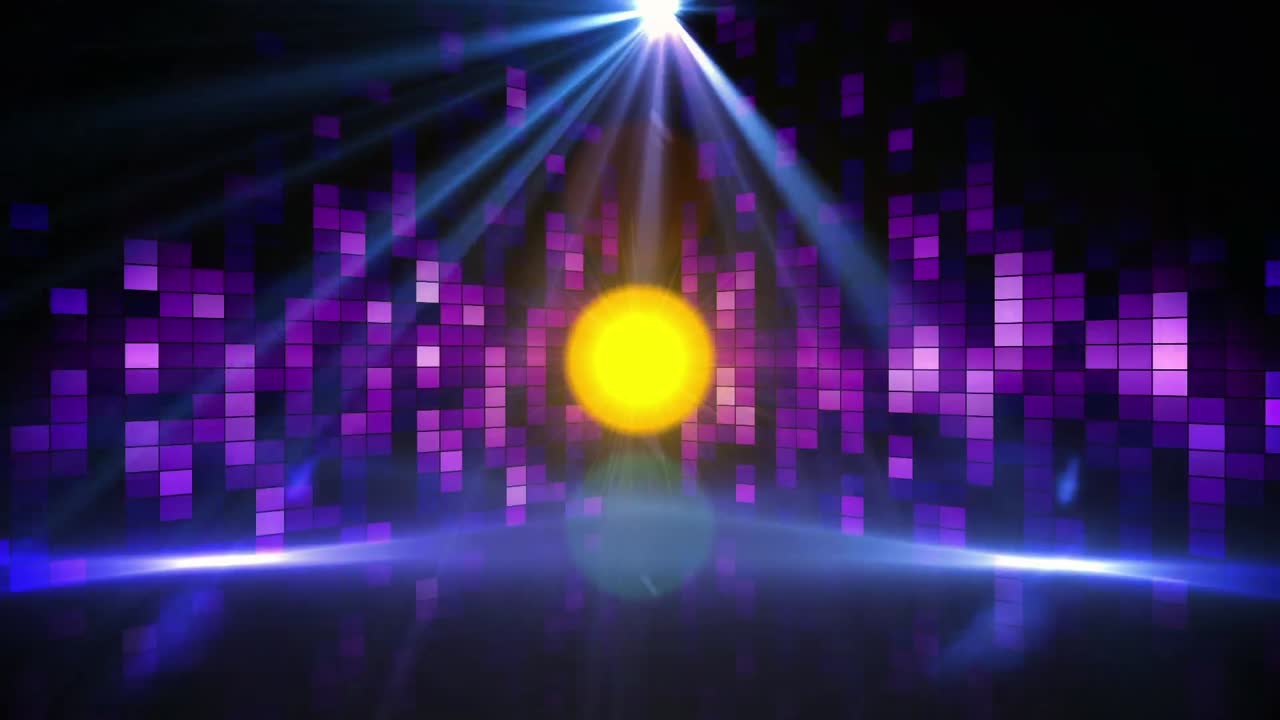 Animazione digitale di punti luce che cambiano colore su quadrati a mosaico viola su sfondo nero.