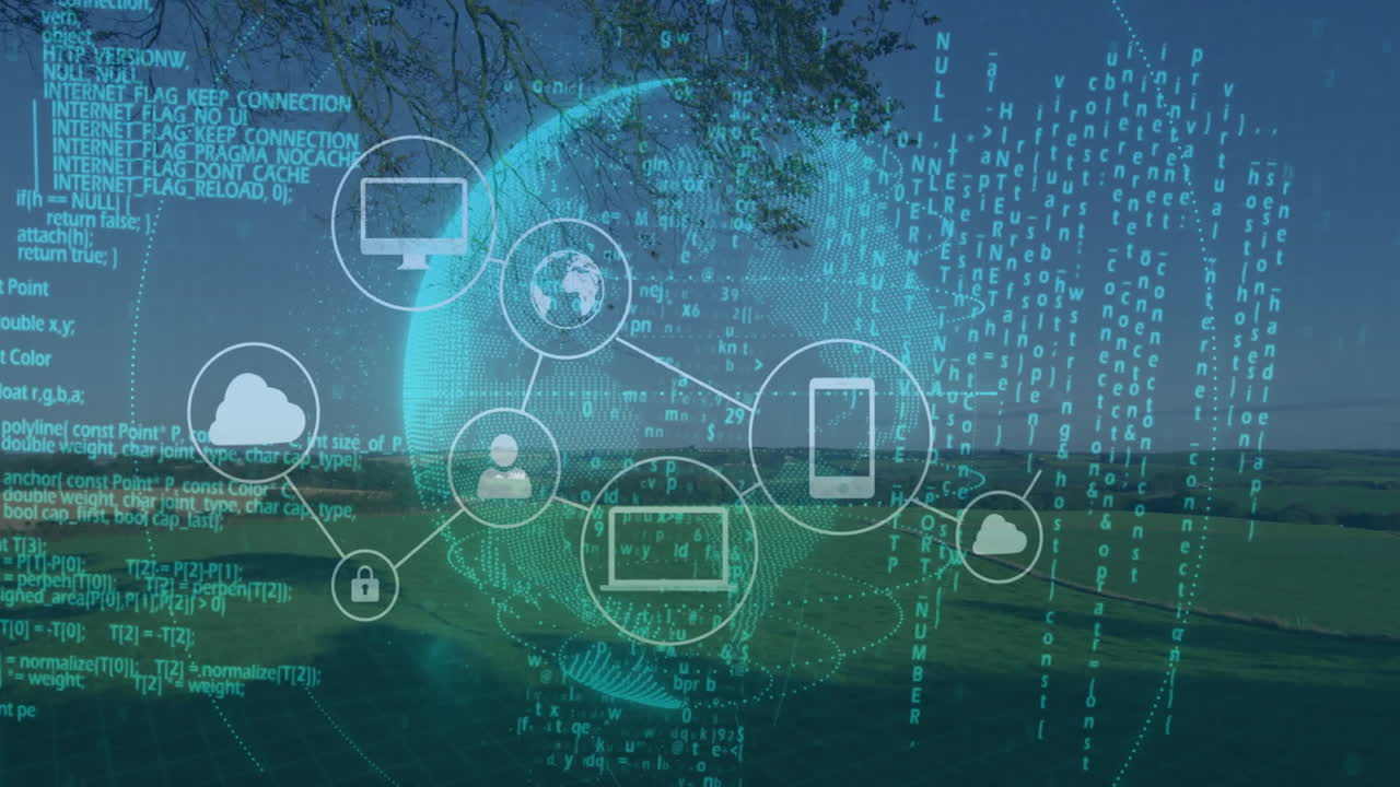 digital network streaming across farmland, showing holographic globe with lock and device icons