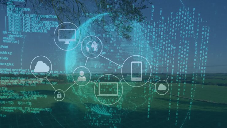 digital network streaming across farmland, showing holographic globe with lock and device icons