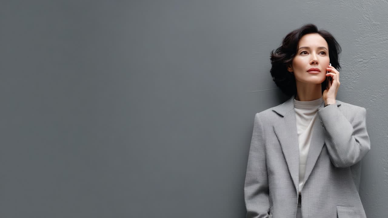 A Thoughtful Woman in a Grey Suit Engaged in a Phone Conversation, Capturing a Moment of Introspection and Connection Against a Neutral Wall