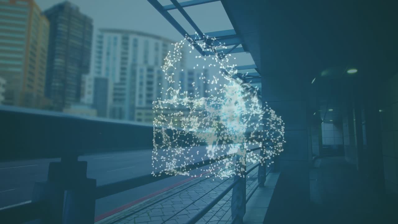 animación de la red de conexiones que forman la nube y el icono de candado de seguridad contra el tráfico de la ciudad