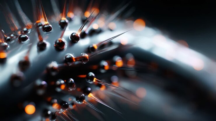 A Fascinating Close-Up of a Textured Surface Featuring Black and Orange Spikes with Glittering Beads, Highlighting Intricate Details, Unique Patterns, and Visual Depth That Captivates the Viewer