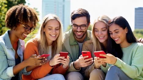 group of multiethnic young people using smartphone outdoors.