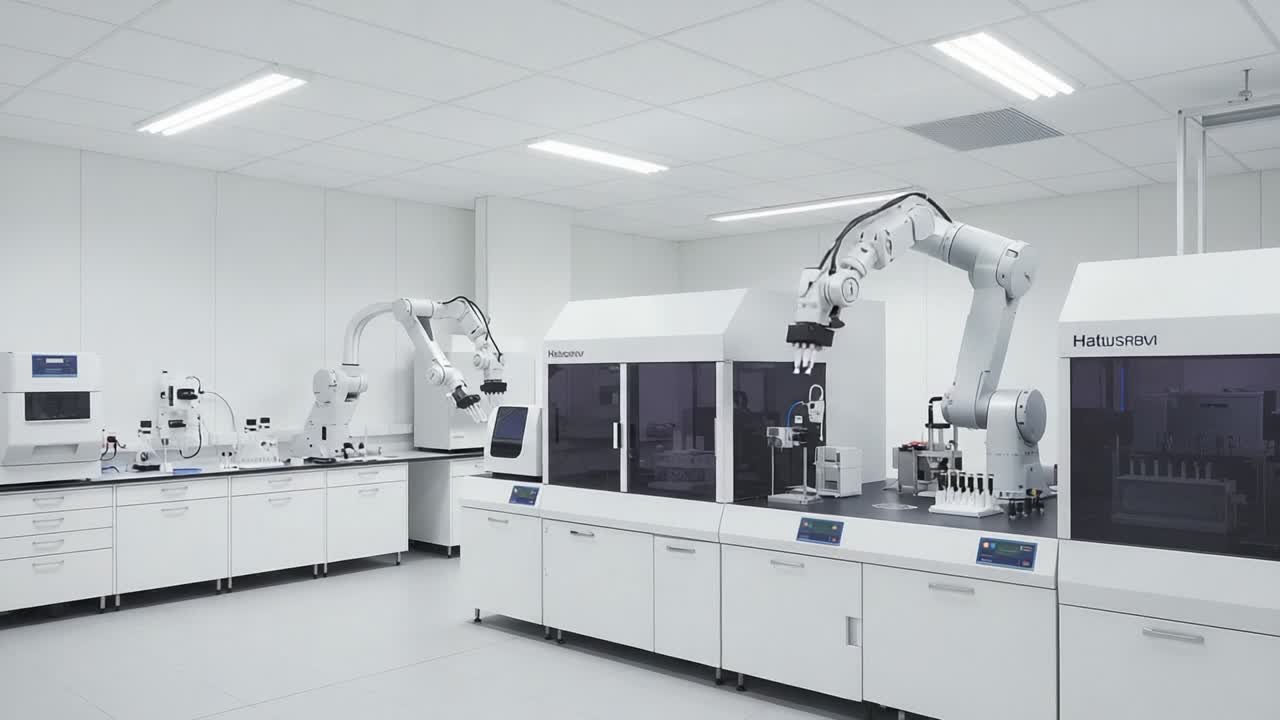 Advanced Laboratory Featuring Robotic Arms for Automated Precision in Scientific Research, Streamlining Process with State-of-the-Art Equipment and Cleanroom Environment