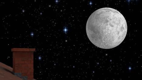 animación de paisaje navideño de invierno con chimenea, nieve cayendo y luna