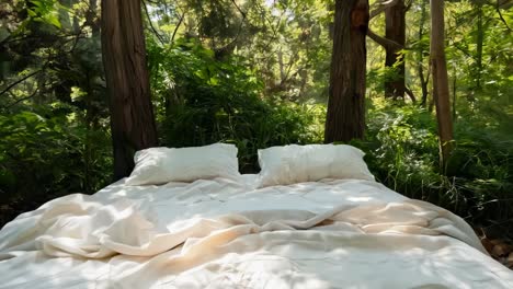 a bed in the middle of a lush green forest