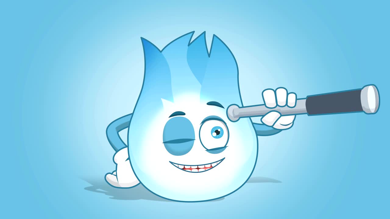 dibujos animados llama de gas mirar a través del telescopio con animación de la cara alfa mate