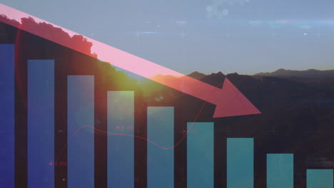bar graph with downward arrow in animation over mountain landscape at sunset