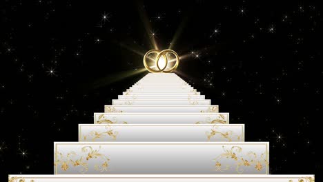wedding white staircase. climb up to the light and golden rings. steps with gold ornaments.